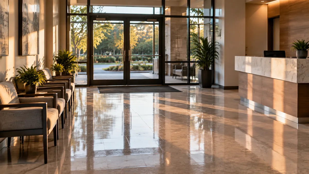 A small office lobby after a commercial cleaning, streak-free glass entry doors, a polished tile floor, a wiped reception counter and an empty lined trash can