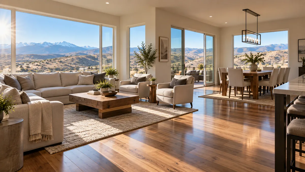 Wide view of an open-plan kitchen, dining and living area after a full house cleaning, clear counters and a polished floor running the length of the room