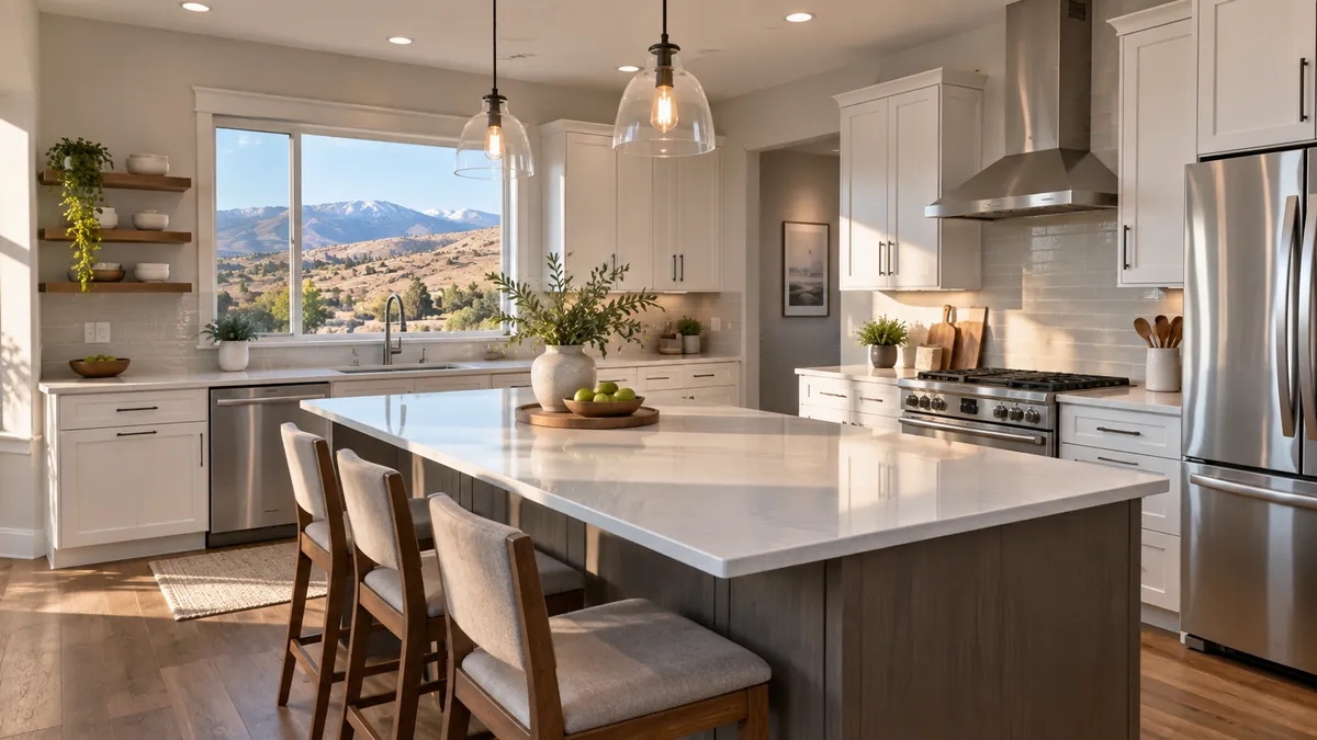 A whole single-story house interior seen from the front entry after a full cleaning, clean wood floors running down the hallway into a clear kitchen, windows streak-free